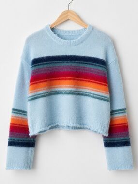 Light Blue Striped Cropped Sweater - Women